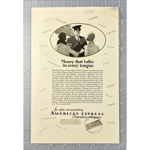American Express Travelers Checks "Money That Talks in Every Tongue" VTG Ad 1929 - Picture 2 of 3
